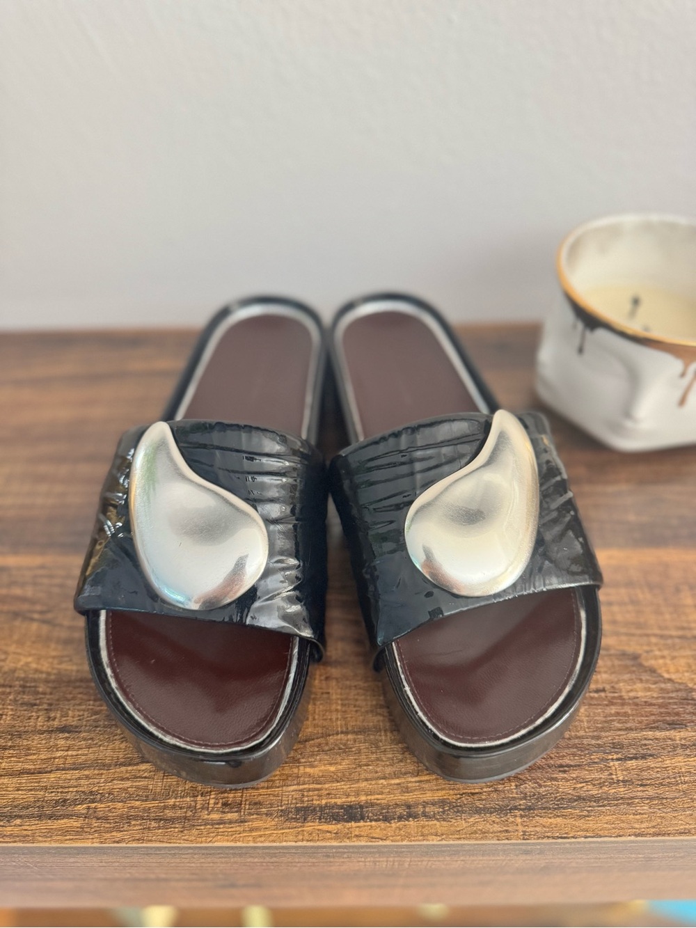 Tory Burch Black Patent Patos Slide Mules with Silver Tear-Drop Accent